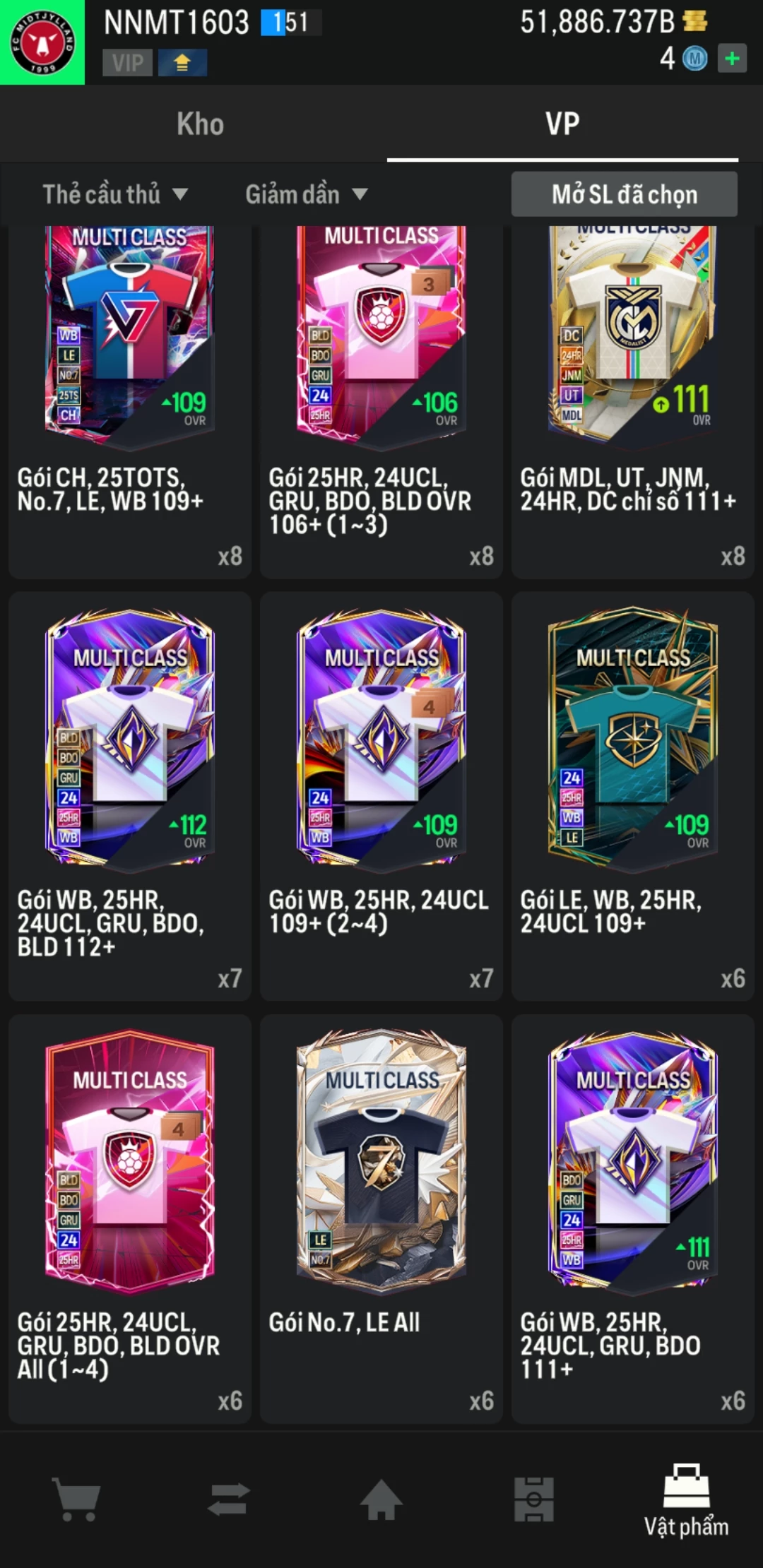 Ảnh ACC mở thẻ (LOẠI SVIP PROMAX) bao gồm có thẻ +12, Thẻ PRIME(QH+, CP+, XS+) và hơn 1500+ đến 1700+ thẻ cầu thủ từ Siêu sao đến Miền núi các loại. Acc có sẵn BP trắng từ 50.000 tỷ BP đến 62.000 tỷ BP